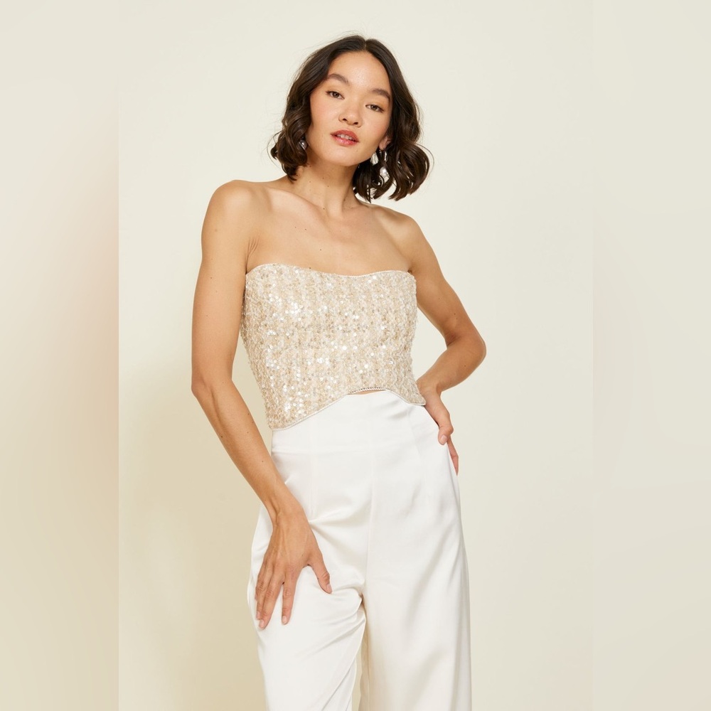 Line & Dot Sequin Strapless Crop Top - Cream